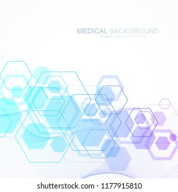 Abstract medical background DNA research, molecule, genetics, genome, DNA chain. Genetic analysis art concept with hexagons, lines, dots. Biotechnology network concept molecule, vector illustration.