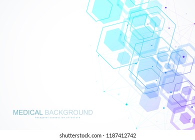 Abstract medical background DNA research, molecule, genetics, genome, DNA chain. Genetic analysis art concept with hexagons, lines, dots. Biotechnology network concept molecule, vector illustration.