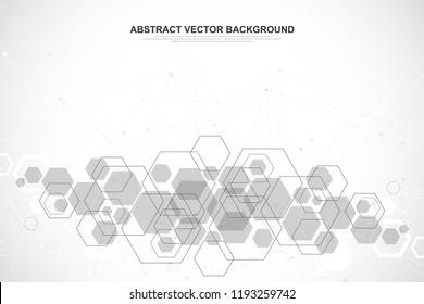 Abstract medical background DNA research, molecule, genetics, genome, DNA chain. Genetic analysis art concept with hexagons, lines, dots. Biotechnology network concept molecule, vector illustration.