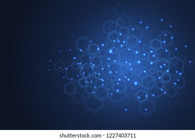 Abstract medical background DNA research, molecule, genetics, genome, DNA chain. Genetic analysis art concept with hexagons, lines, dots. Biotechnology network concept molecule, vector illustration