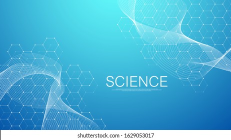 Abstract medical background DNA research, molecule, genetics, genome, DNA chain. Genetic analysis art concept with hexagons, waves, lines, dots. Biotechnology network concept molecule, vector.