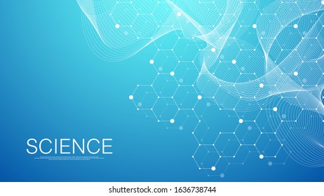 Abstract medical background DNA research coronavirus, molecule, genetics, genome, DNA chain. Genetic analysis art concept with hexagons, waves, lines, dots. Biotechnology network concept, vector.