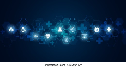 Abstract medical background with flat icons and symbols. Concepts and ideas for healthcare technology, innovation medicine, health, science and research