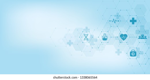 Abstract medical background with flat icons and symbols. Concepts and ideas for healthcare technology, innovation medicine, health, science and research