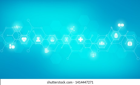 Abstract medical background with flat icons and symbols. Template design with concept and idea for healthcare technology, innovation medicine, health, science and research.