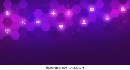 Abstract medical background with flat icons and symbols. Template design with concept and idea for healthcare technology, innovation medicine, health, science and research