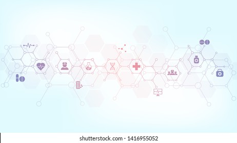 Abstract medical background with flat icons and symbols. Template design with concept and idea for healthcare technology, innovation medicine, health, science and research