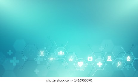 Abstract medical background with flat icons and symbols. Template design with concept and idea for healthcare technology, innovation medicine, health, science and research.