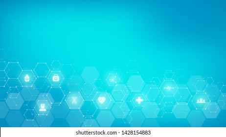 Abstract medical background with flat icons and symbols. Template design with concept and idea for healthcare technology, innovation medicine, health, science and research