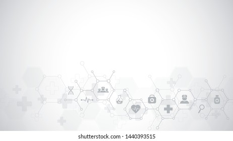 Abstract medical background with flat icons and symbols. Template design with concept and idea for healthcare technology, innovation medicine, health, science and research. Vector illustration