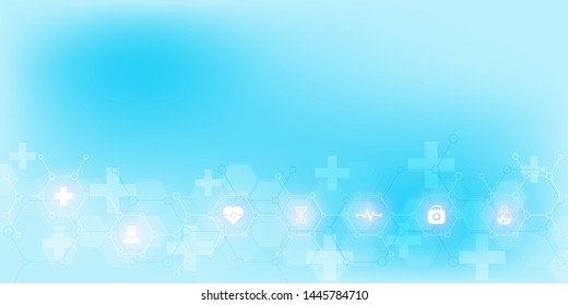 Abstract Medical Background With Flat Icons And Symbols. Template Design With Concept And Idea For Healthcare Technology, Innovation Medicine, Health, Science And Research. Vector Illustration