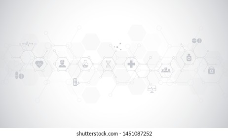 Abstract medical background with flat icons and symbols. Template design with concept and idea for healthcare technology, innovation medicine, health, science and research. Vector illustration