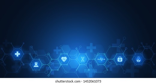 Abstract medical background with flat icons and symbols. Template design with concept and idea for healthcare technology, innovation medicine, health, science and research. Vector illustration - Shutterstock ID 1452061073