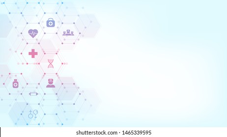 Abstract medical background with flat icons and symbols. Template design with concept and idea for healthcare technology, innovation medicine, health, science and research. Vector illustration