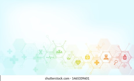 Abstract medical background with flat icons and symbols. Template design with concept and idea for healthcare technology, innovation medicine, health, science and research. Vector illustration