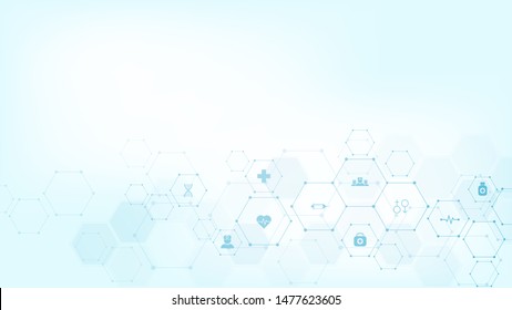 Abstract medical background with flat icons and symbols. Template design with concept and idea for healthcare technology, innovation medicine, health, science and research. Vector illustration