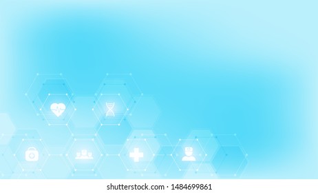 Abstract medical background with flat icons and symbols. Template design with concept and idea for healthcare technology, innovation medicine, health, science and research. Vector illustration