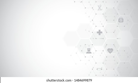 Abstract medical background with flat icons and symbols. Template design with concept and idea for healthcare technology, innovation medicine, health, science and research. Vector illustration