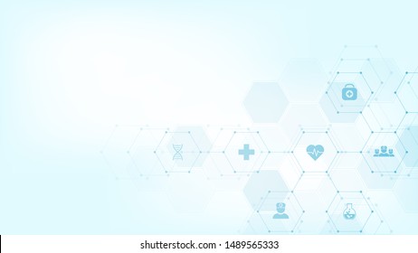 Abstract medical background with flat icons and symbols. Template design with concept and idea for healthcare technology, innovation medicine, health, science and research. Vector illustration