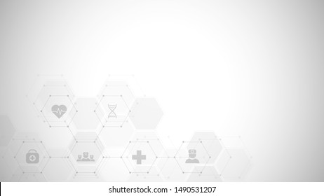 Abstract medical background with flat icons and symbols. Template design with concept and idea for healthcare technology, innovation medicine, health, science and research. Vector illustration