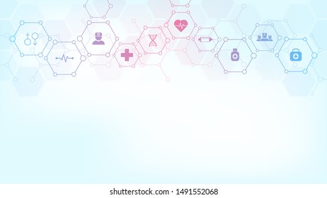 Abstract medical background with flat icons and symbols. Template design with concept and idea for healthcare technology, innovation medicine, health, science and research. Vector illustration