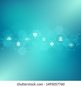 Abstract medical background with flat icons and symbols. Template design with concept and idea for healthcare technology, innovation medicine, health, science and research. Vector illustration