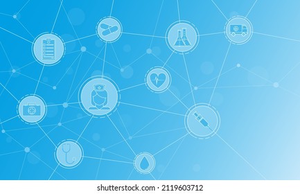 Abstract medical background with flat icons and symbols. Template design with concept and idea for healthcare technology, innovation medicine, health, science and research. Vector illustration.