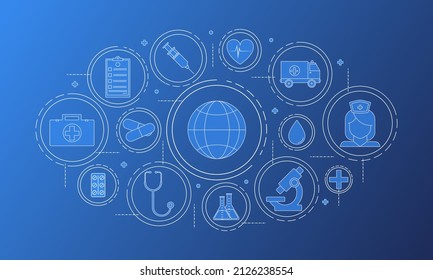 Abstract medical background with flat icons and symbols. Template design with concept and idea for healthcare technology, innovation medicine, health, science and research. Vector illustration.