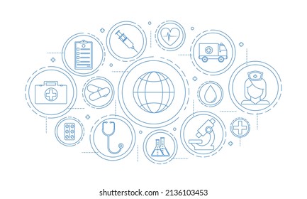 Abstract medical background with flat icons and symbols. Template design with concept and idea for healthcare technology, innovation medicine, health, science and research. Vector illustration.