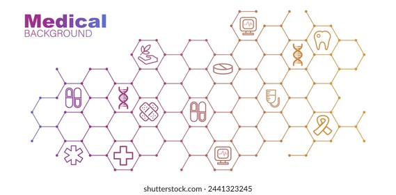 Abstract medical background with flat icons and symbols. Vector hexagons pattern. Geometric abstract background with simple hexagonal elements