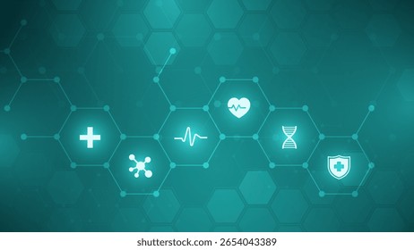 Abstract medical background with flat icons and symbols. Medical design with concept and idea for healthcare technology. Healthcare Medical Background. Healthcare Symbols.