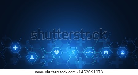 Abstract medical background with flat icons and symbols. Template design with concept and idea for healthcare technology, innovation medicine, health, science and research. Vector illustration