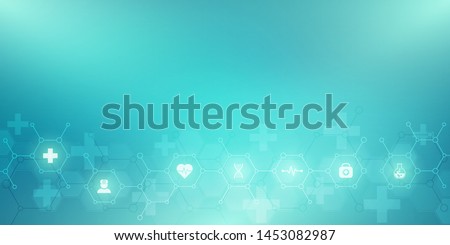 Abstract medical background with flat icons and symbols. Template design with concept and idea for healthcare technology, innovation medicine, health, science and research. Vector illustration