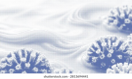Abstract medical background showing microscopic virus cell structures rendered with blue halftone dot pattern. Scientific visualization graphic concept.