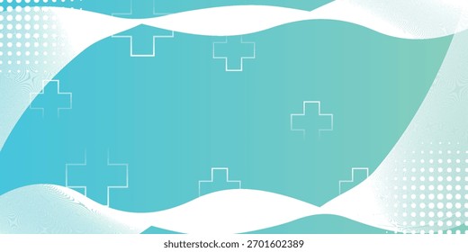 Un fondo médico abstracto con un gradiente verde azulado, con signos blancos más, líneas onduladas y patrones de puntos de semitonos. Un diseño moderno para conceptos de salud o ciencia.