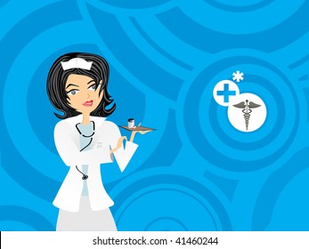  abstract medical  blue circle background with nurse, vector illustration