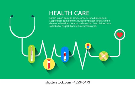 Abstract medical cardiology ekg background. Heart with Stethoscope. Medical concept. Vector illustration. Health care