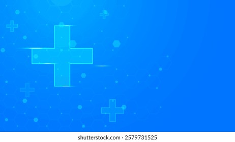 Abstract medical cross with hexagonal pattern and particles. Healthcare, medicine and science concept background. Vector illustration