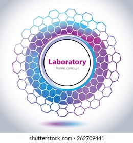 Abstract medical emblem - circle element - violet and blue background - Science and Research - laboratory test - chemical formulas - hexagonal grid - stock vector