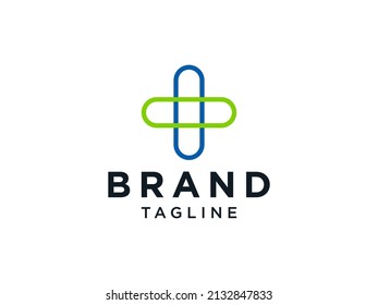 Abstract Medical Logo Health Symbol Pharmacy Icon. Blue and Green Capsule Medicine Cross Sign isolated on White Background. Flat Vector Logo Design Template Element