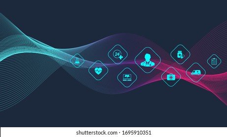 Abstract medical and science healthcare blue banner design template. Health care medicine concept. Medical innovation pharmaceutical tech banner. Wave flow. Vector illustration