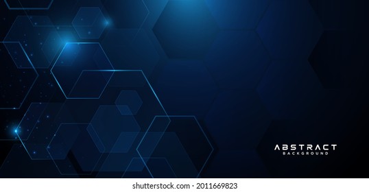 Abstract medical and science or technology background with hexagons geometric pattern. Dark blue digital hi tech vector design concept with light effect. Vector illustration