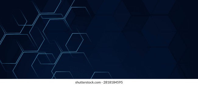 Abstract medical and science or technology background with hexagons geometric pattern. Dark blue digital hi tech vector design concept with light effect. 