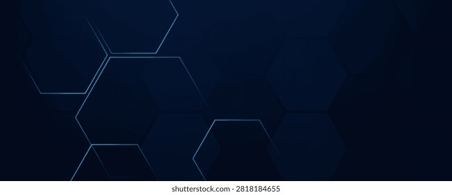 Abstract medical and science or technology background with hexagons geometric pattern. Dark blue digital hi tech vector design concept with light effect. 
