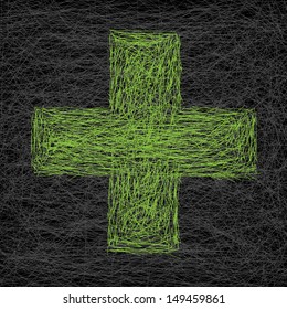 Abstract medical scratched background with green plus sign