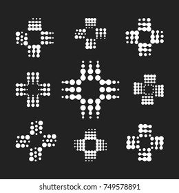 Abstract medical symbol, collection of white crosses from circles on a black background. Pharmacy logo templates