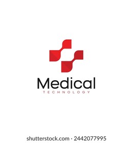 abstract medical tech icon with red cross symbol logo design