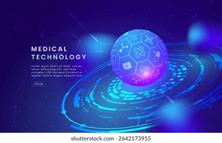Abstract medical technology background. Futuristic healthcare concept with digital sphere, medical icons, and neon light effects. Ideal for science, innovation, and health projects.