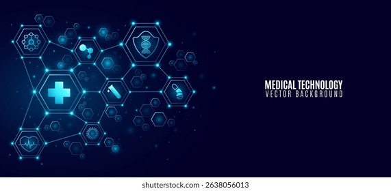 Abstract medical technology featuring interconnected glowing hexagons with healthcare icons. Ideal for digital health, diagnostics, AI in medicine, and scientific innovation. Vector illustration.