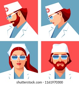 Abstract medical worker portraits set. Man and woman as doctor or nurse. Vector illustration